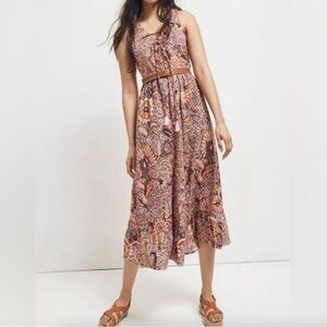 Madewell Lace-Up Ruffle-Hem Midi Dress in Bali Blooms Block Print Size 14